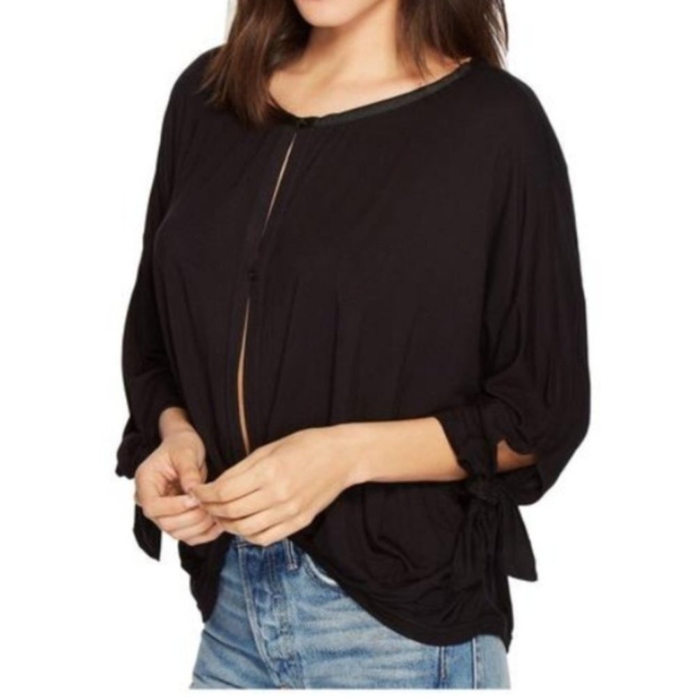 Free People Keepin On Black Twist Front Top Size M Tie Sleeves Peek A Boo